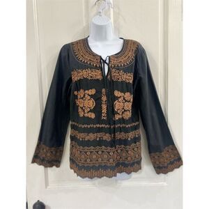 Johnny Was Women's M Black Gold Embroidered Blouse Long Sleeve cotton, silk